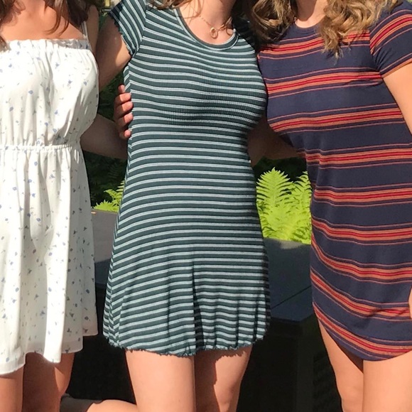 Green and white stripped lettuce edged tee dress - Picture 1 of 3